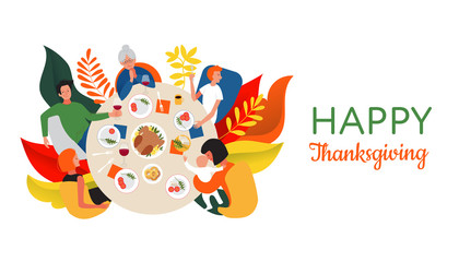 Happy Thanksgiving quote. Thanksgiving or Christmas dinner with extended family. Family celebrating Thanksgiving day with turkey on the table. Flat cartoon style design vector illustration.