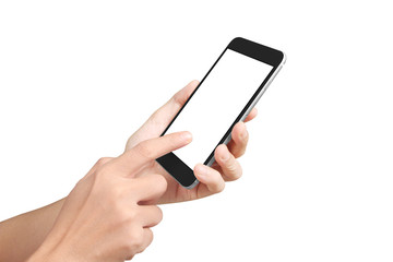 Man hand holding smartphone device and touching screen