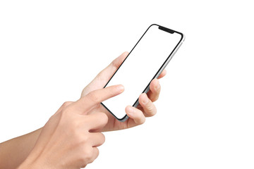 Man hand holding smartphone device and touching screen