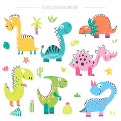 Set with cute cartoon dinosaurs