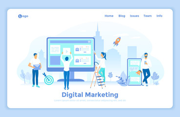 Obraz na płótnie Canvas Digital Marketing, social network and media communication. Business analysis, targeting, management. SEO, SEM. landing web page design template decorated with people characters.