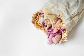 Shawarma, traditional turkish chicken doner kebap in roll of lav