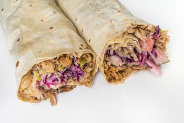 Shawarma, traditional turkish chicken doner kebap in roll of lav
