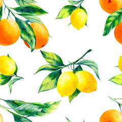 A seamless lemon and orange pattern on white background.