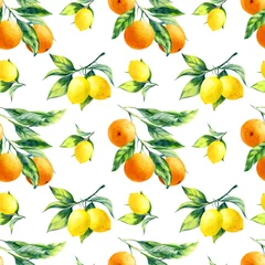 Papier peint Fruits aquarelle Un motif citron et orange sans couture sur fond blanc.