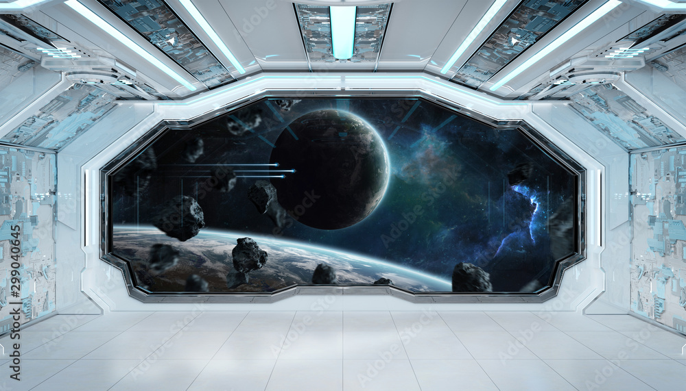 Leinwandbilder white blue spaceship futuristic interior with window view on space and planets 3d rendering