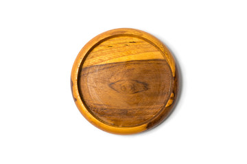Close up of teak wood drink coaster isolated on white backgroung.Clipping path included.Top view.