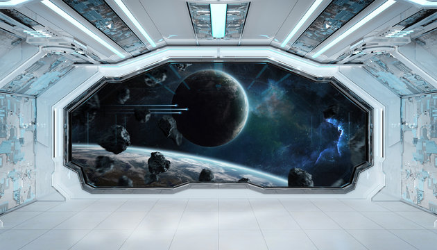 White Blue Spaceship Futuristic Interior With Window View On Space And Planets 3d Rendering