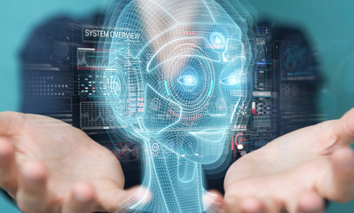 Woman using digital artificial intelligence head interface 3D rendering
