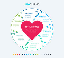 Infographic love template. 6 steps design with beautiful colors. Vector infographic elements for presentations. Cold palette.