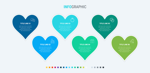 Colorful diagram, infographic template. Timeline with 6 hearts. Modular workflow process for love holidays. Vector design. Cold palette.