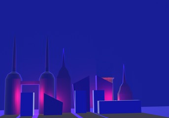 3d dark town with pink light on night blue background . 3D render