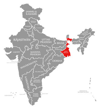 West Bengal red highlighted in map of India