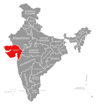 Gujarat red highlighted in map of India