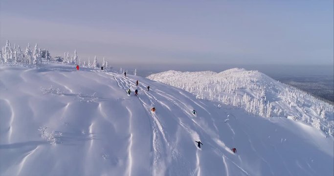 Aerial shot: a large group of free riders roll down the beautiful mountain valley. Freeride vacation and snowboarding ski resort. freeriding in the snowy mountains. Aerial view of backcountry skiing