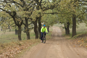Obraz premium Cyclist in shorts and jersey on a modern carbon hardtail bike with an air suspension fork rides off-road