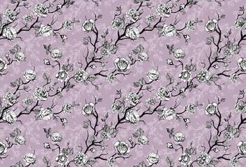Hand drawn graphic floral pattern with roses and leaf on pink background