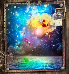 Papier Peint photo Imagination Contes de fées et nuit étoilée enchantée sur la mer avec des flocons de neige et une pleine lune
