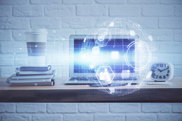 Computer on desktop with social network theme icon. Multi exposure. Concept of international connections.