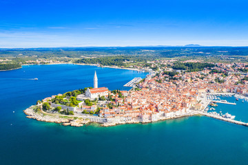 Croatia, Istria, beautiful old town of Rovinj, aerial coastline from drone