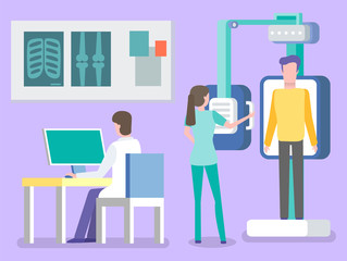 Fluorography and xray scanning of patient, isolated doctor and nurse. Man working on laptop, ribs and bones diagnostics of diseases, assistant. Vector illustration in flat cartoon style