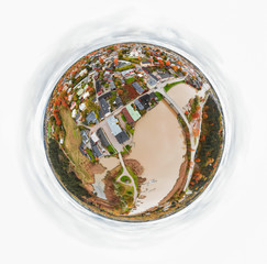 A three dimensional panoramic aerial view of the Old town of Porvoo, Finland in a mini planet...