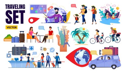 Fototapeta premium Flat Traveling Set Vector with Happy Tourists