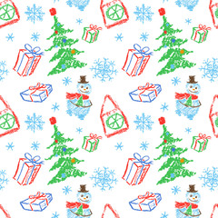 Kids hand drawing christmas seamless funny simple pattern. Like child drawn smiling snowman, tree, gift box, snowflake and house. Crayon, pastel chalk or pencil doodle vector isolated background