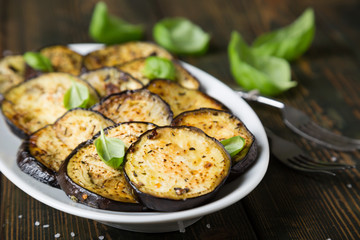 Fried eggplant with herbs. Healthy snack