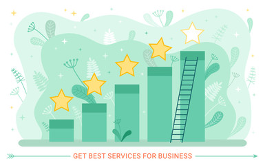 Growth graphic and service rate, stars and ladder. Business and work, chart or graph, evaluation and estimation abstract concept, giving grade. Vector illustration in flat cartoon style