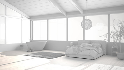 Total white project draft of panoramic luxury bedroom with windows, double bed with duvet, bedside tables, bathtub, olive tree, pendant lamp, modern architecture interior design