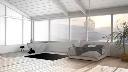 Architect interior designer concept: unfinished project that becomes real, panoramic luxury bedroom with windows, double bed with duvet, bathtub, olive tree, modern interior design