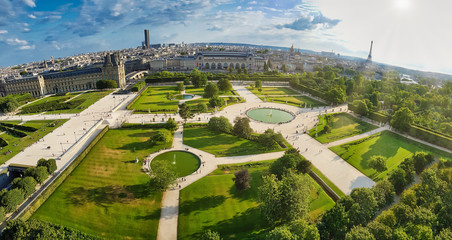 very wide angle panoramic aerial view of the famous Jardin des Tuileries park of Paris near the...