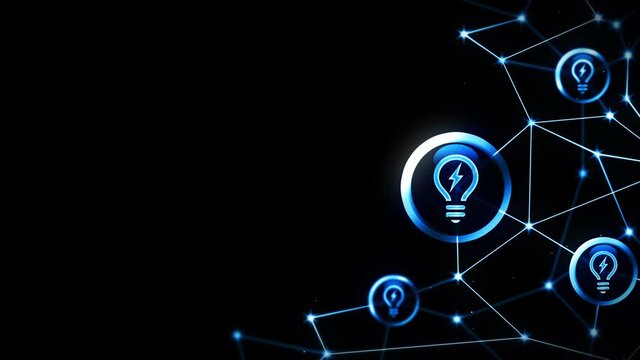 Creativity space with light bulb icons floating. Connection structure. Business solution idea and inspiration symbol. Polygonal space with connecting dots and lines. Wireframe polygon and icon.
