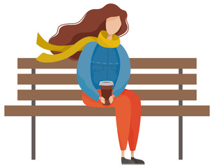 Woman character sitting alone on wooden bench in autumn park. Breaktime of brunette female in warm clothes drinking cup of coffee, leisure outdoor. Person holding hot drink and resting on seat vector