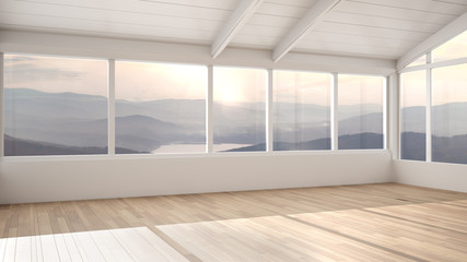 Empty room interior design, open space with wooden roofs and parquet floor, big panoramic window, mountain panorama, modern architecture, morning light, mock-up with copy space