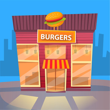 Burger House In City, Night Cityscape With Exterior Of Building Selling Fast Food And Snacks. Eatery Diner With Meals And Dishes To Have Dinner. Vector Illustration In Flat Cartoon Style