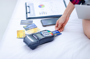 The woman and the computer in the white room Happy work The concept of happy working at home