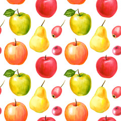 seamless pattern, autumn harvest, watercolor illustration, apples, pears, berries on a white backgroundapple, apples, art, artwork, background, berries, berry, branch, design, diet, drawing, drawn, fo