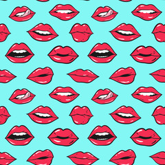 Beauty, makeup, cosmetic fashion seamless pattern. Vector red pink color doodle lips patches in pop art 80s-90s style. Woman's sexy emotions mouth.