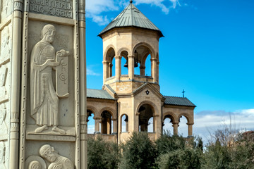 Part of the Holy Trinity Cathedral of Tbilisi (Tsminda Sameba Cathedral) on cloudy day.  The main cathedral of the Georgian Orthodox Church. Georgia. 