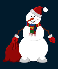 Vector image of a snowman. Cheerful snowman in a hat and scarf with a bag with gifts. Vector image on a blue background.