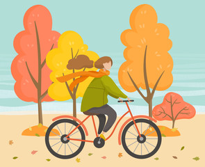 Fototapeta na wymiar Woman character wearing warm clothes riding bicycle by coast. Recreation of girl going near sea and trees in autumn season. Side view of sporty person cyclist in park, biking female outdoor vector