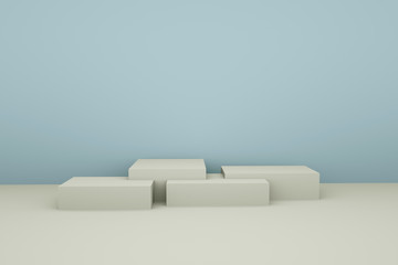 blue booth 3D rendering background wall,White display table simple rendering background wall, can be used for banner design items display background.