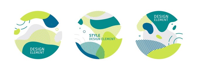 Set of abstract trendy graphic circle elements. Dynamical green color around forms and line. Gradient abstract eco banner with flowing liquid shapes. Template for natural organic design. Vector