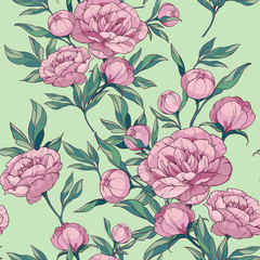 Seamless vector pattern with peonies flowers. Pink bouquet of peonies with flowers, buds and leaves on a green background.