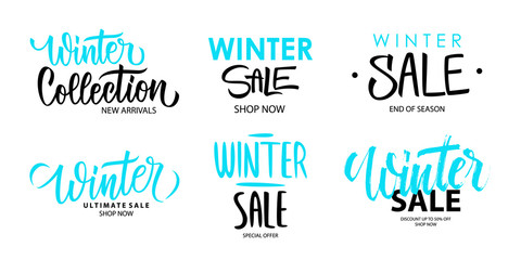 Winter Sale promotional set. Winter season special offer commercial signs with hand lettering for business, seasonal shopping, sale promotion and advertising. Vector illustration.