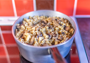 Selective focus of a healthy and nutritious homemade mushroom and vitali pasta dinner
