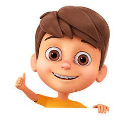 Cartoon character little boy shows thumb up because of an empty board on a white background. 3d render illustration.