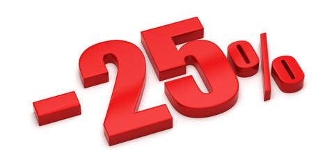 3d render illustration. Red twenty five percent on a white background.